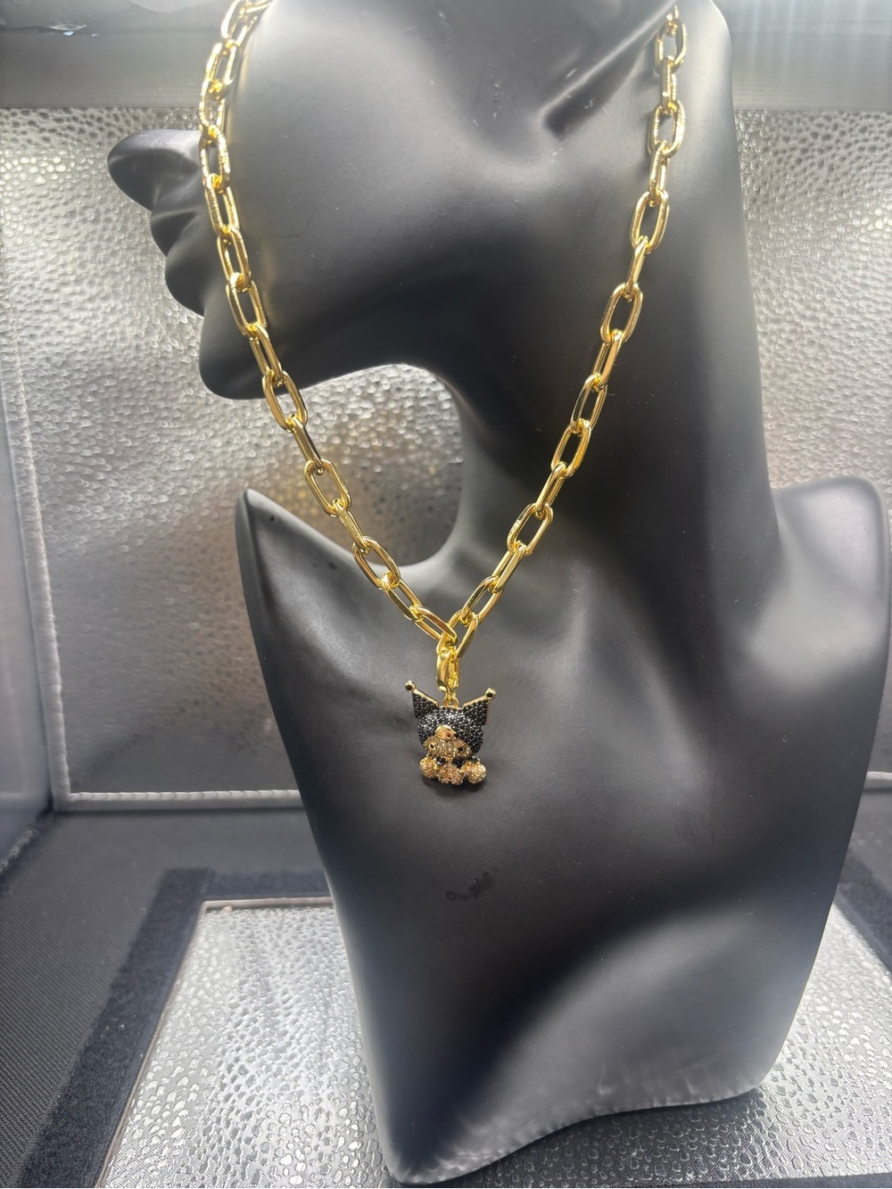 Gold-Tone Link Necklace with Black Cat Pavé Pendant - Picture 3 of 5